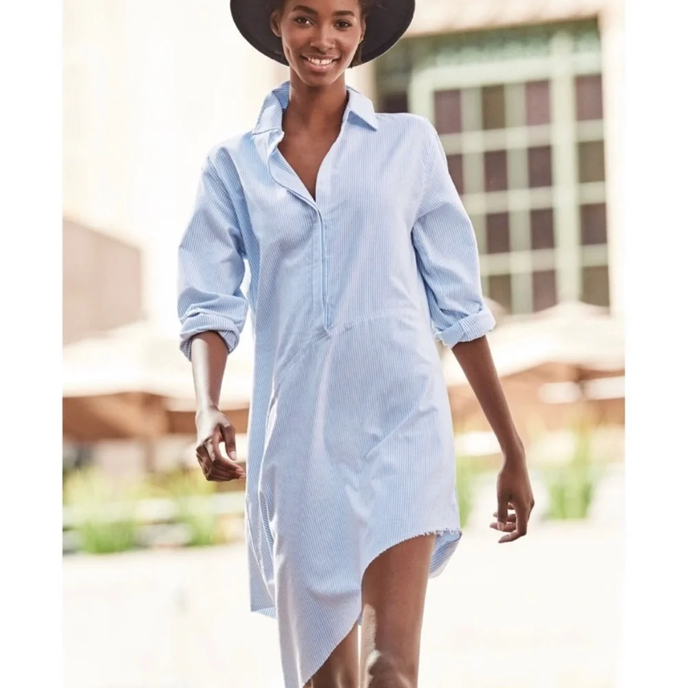 “Frank & Eileen” The Drake Pinstripe Asymmetrical Shirt Dress - Picture 1 of 3